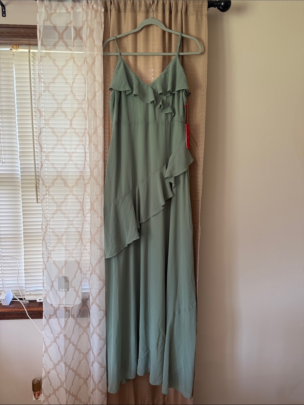 Ruffled Sage Green Maxi Dress with Spaghetti Straps